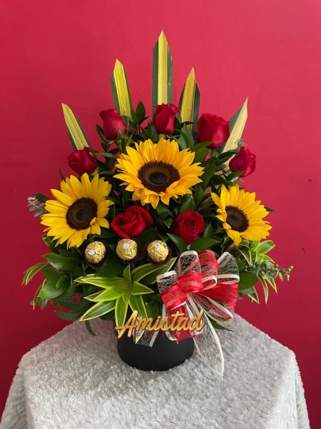 AA 15 - Arreglo con rosas, girasoles y chocolates