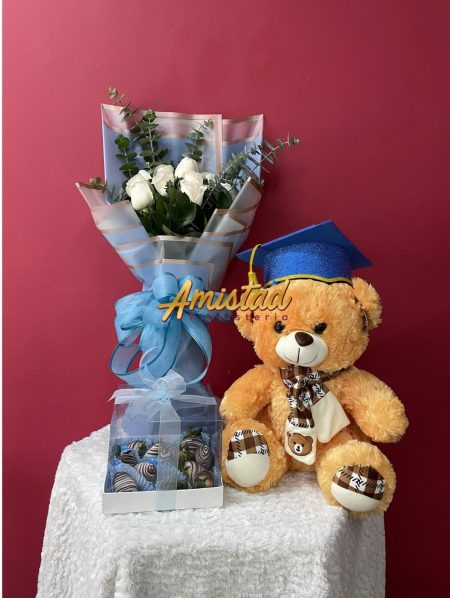 G12 - Bouquet con rosas, peluche mediano con birrete y caja con fresas con chocolate.