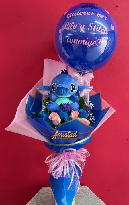 DM43 - Bouquet con rosas, peluche pequeño y chocolates.