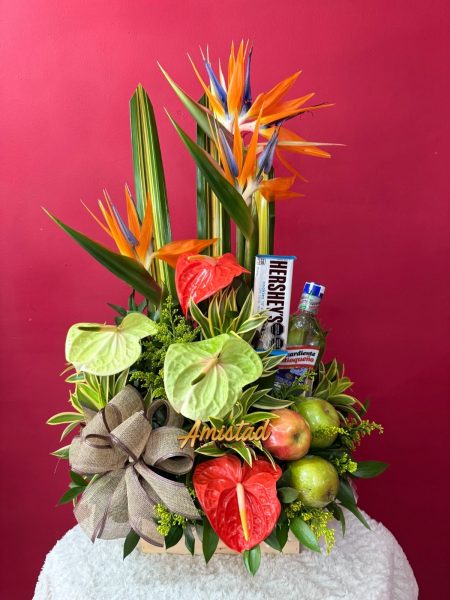 H11 - Arreglo floral con anturios, aves del paraíso, licor y chocolatina