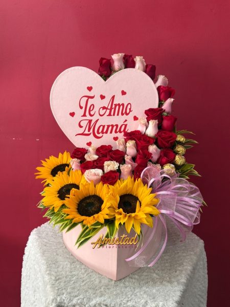 M3 - Caja decorativa con rosas, girasoles y chocolates.
