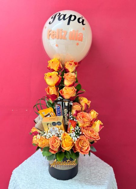H20 - Caja decorativa con rosas, chocolates y globo personalizado