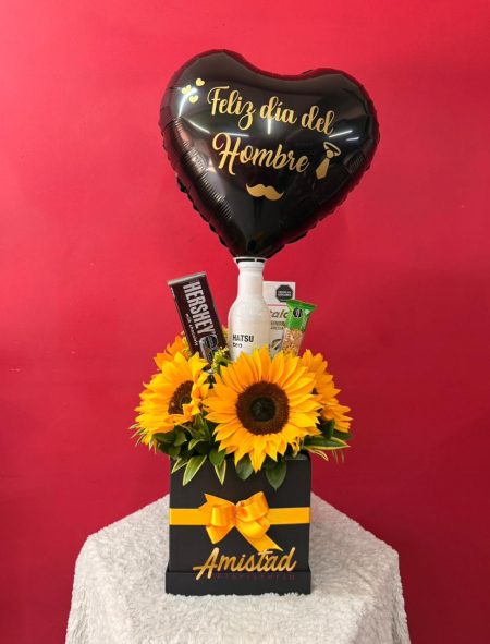H10 - Caja decorativa con girasoles, dulces y globo personalizado