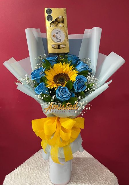 H23 - Bouquet con girasol, rosas y chocolates